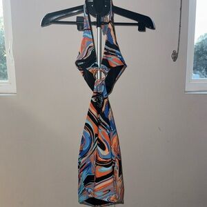 White fox multicolored halter cutout dress